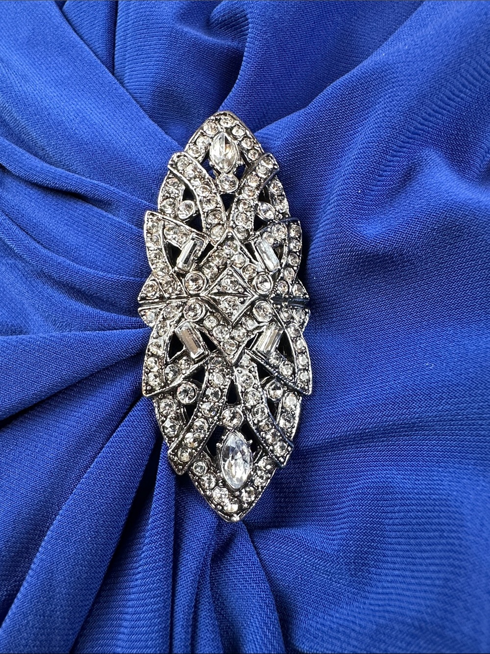 Lauren Ralph Lauren Evening Gown 8 Blue Rhinestone Brooch Jersey Maxi Dress - Picture 7 of 8